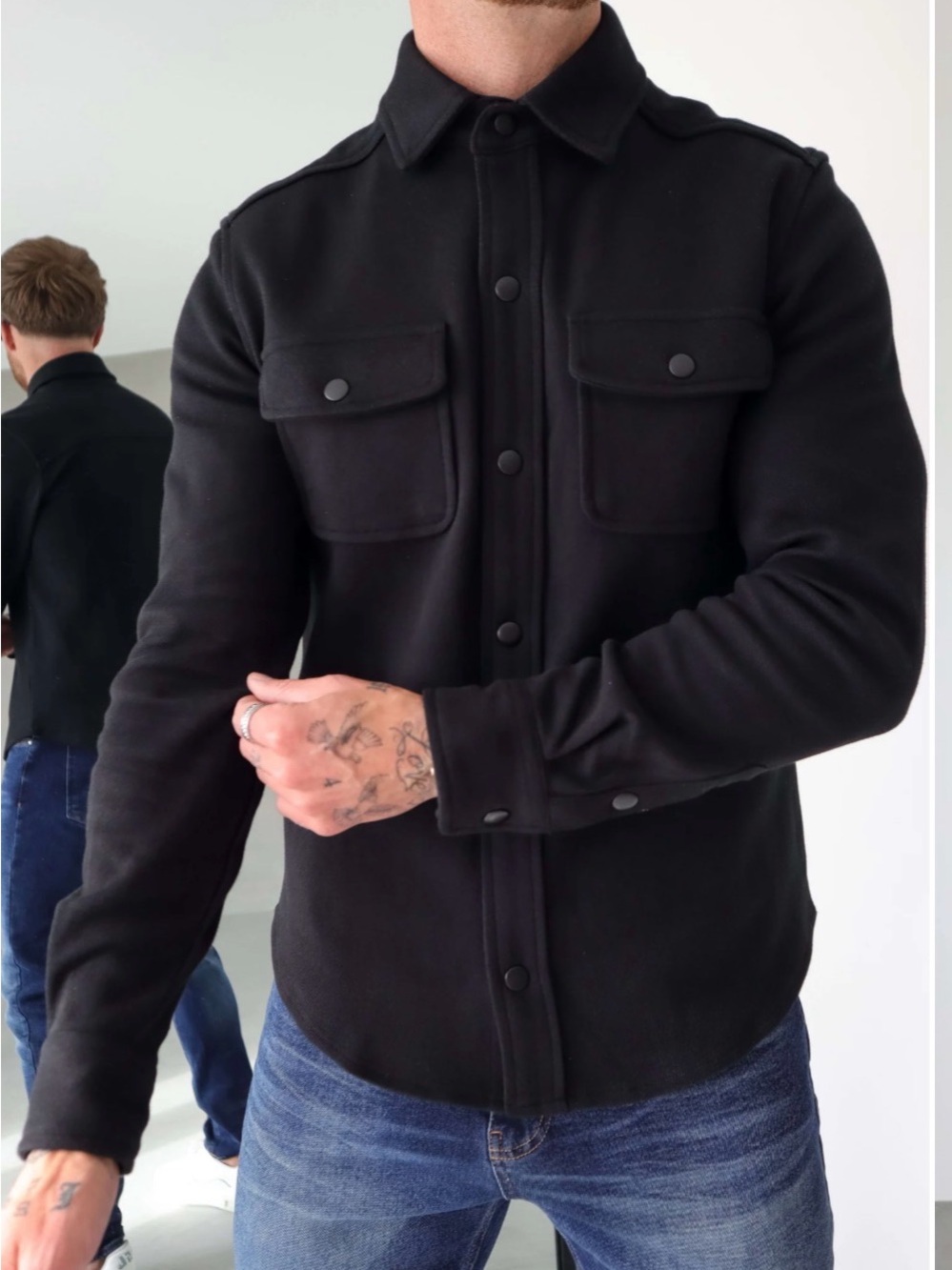 Men's Black Button-Front Shirt Jacket